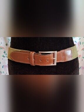 EUC Bullock & Jones Green Cotton & Brown Leather Casual Everyday Belt SZ 40
